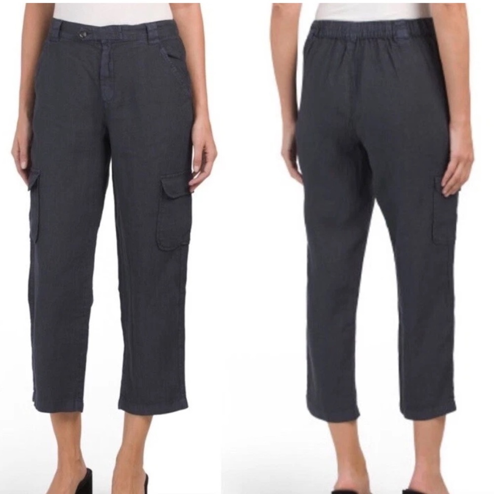 Rachel Roy 100% Linen Cargo Pants Ankle High Rise Elastic Waist